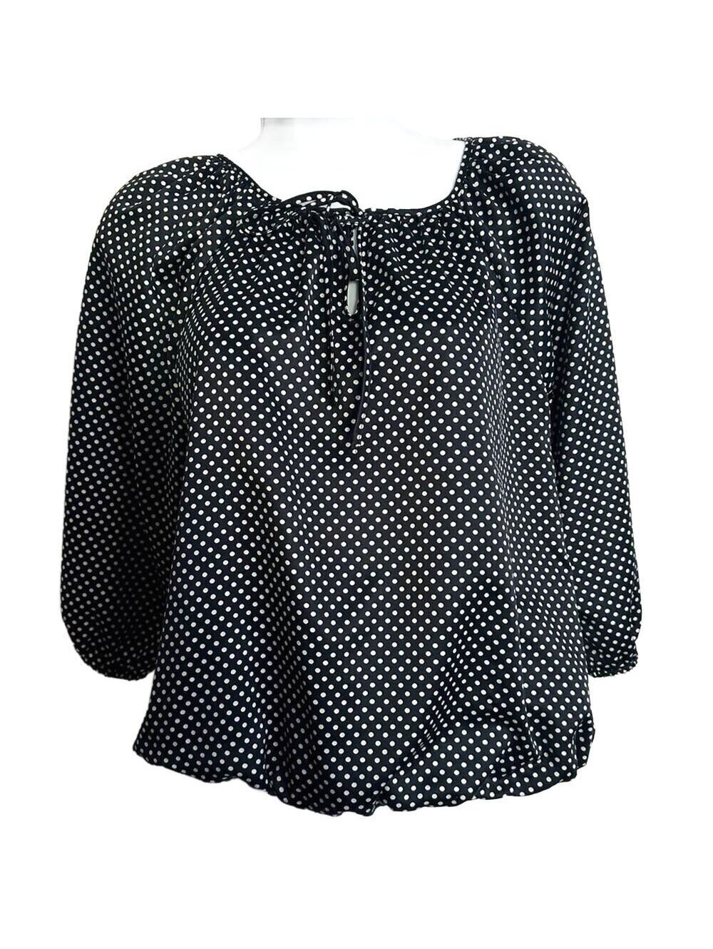 Ellen Tracy Women's Black and White Polka Dot 3/4 Sleeve Blouse, Elastic Hem